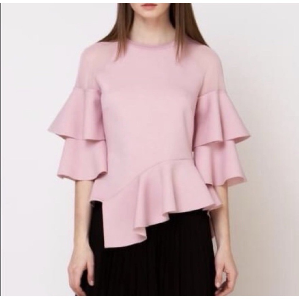 Gracia L Asymmetric Ruffle Top Rose Pink Hem Bell Sleeve Corp Core Ballet
